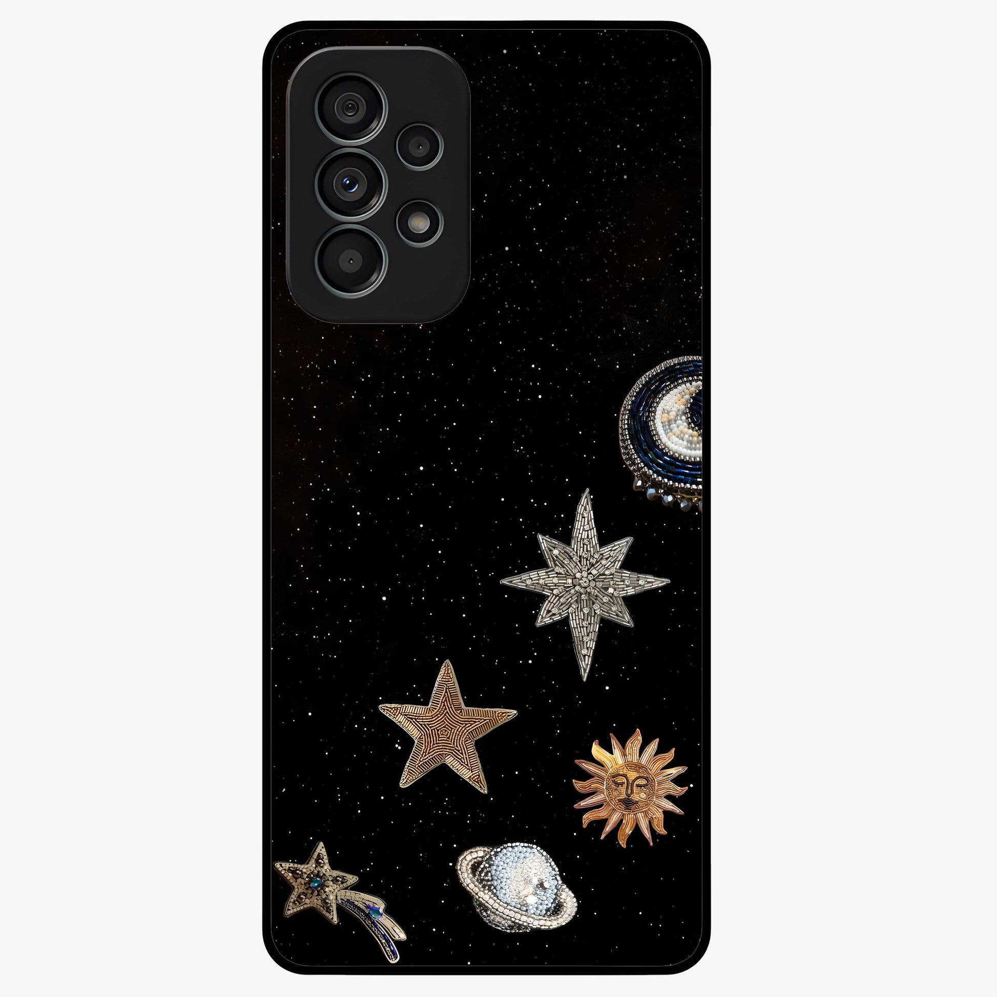 Galactic Charm Glow Glass Case showing flat back view with glowing celestial charm artwork and glossy glass finish.