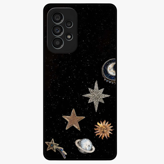 Galactic Charm Glow Glass Case showing flat back view with glowing celestial charm artwork and glossy glass finish.