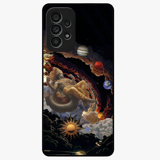 Galactic Divine God Glass Case showing flat back view with divine cosmic themed artwork and glossy glass finish.