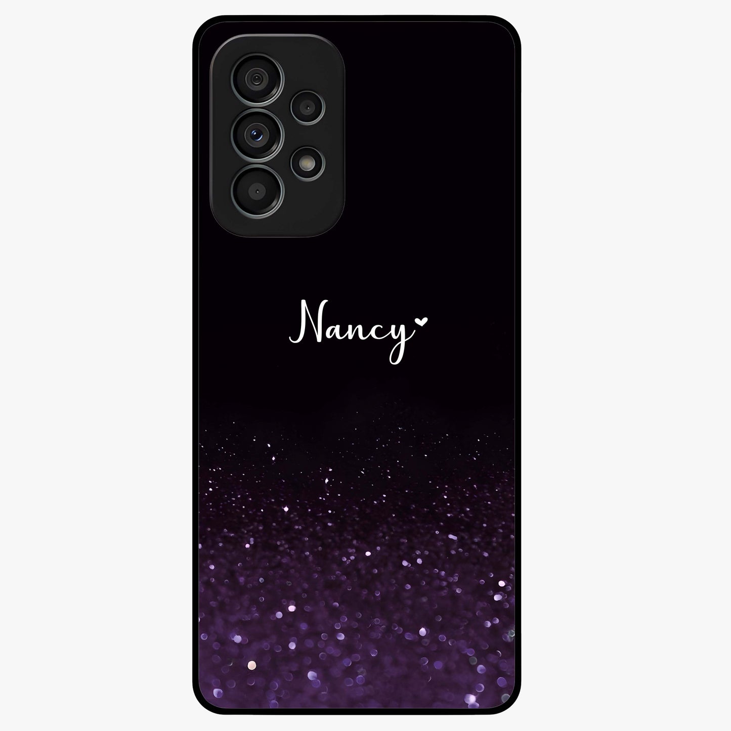 Glittery Purple Bokeh Custom Name Glass Case showing flat back view with purple bokeh sparkle artwork and personalized name design.