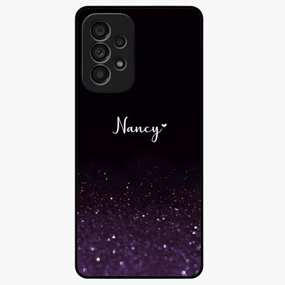Glittery Purple Bokeh Custom Name Glass Case showing flat back view with purple bokeh sparkle artwork and personalized name design.