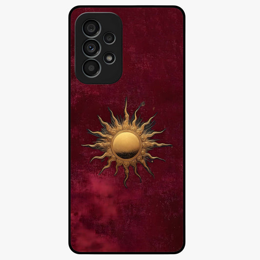 Gold Sun Blush Glass Case showing flat back view with golden sun inspired artwork and glossy glass finish.