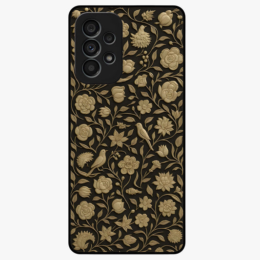 Golden Floral Majesty Glass Case showing flat back view with luxurious golden floral artwork and glossy glass finish.