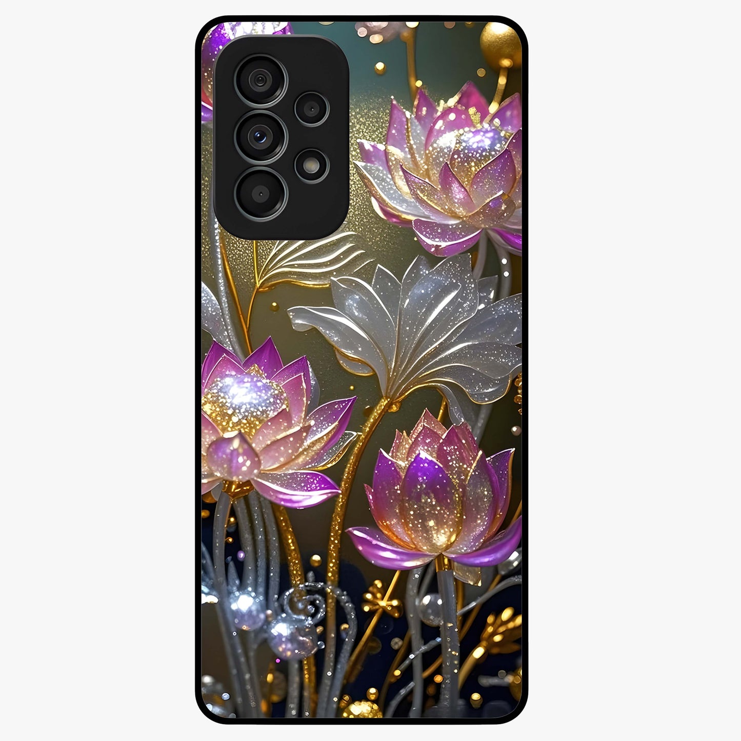 Golden Lotus Glow Glass Case showing flat back view with glowing lotus flower artwork and glossy glass finish.