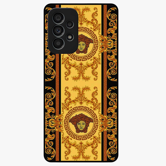 Golden Royal Heritage Glass Case showing flat back view with ornate royal pattern artwork and glossy glass finish.