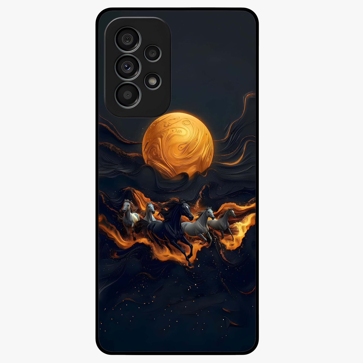 Golden Stallion Moonride Glass Case showing flat back view with majestic horse under moonlight artwork and glossy glass finish.