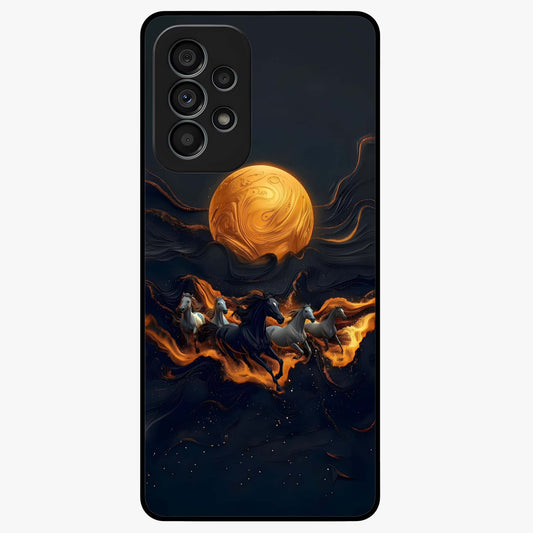 Golden Stallion Moonride Glass Case showing flat back view with majestic horse under moonlight artwork and glossy glass finish.