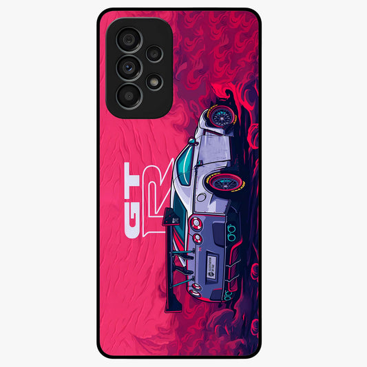 GT-R Car Pattern Glass Case showing flat back view with sporty car inspired pattern artwork and glossy glass finish.