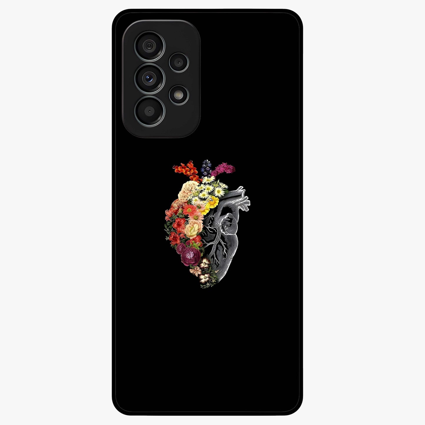 Heart With Flowers Glass Case showing flat back view with heart shaped floral artwork and glossy glass finish.