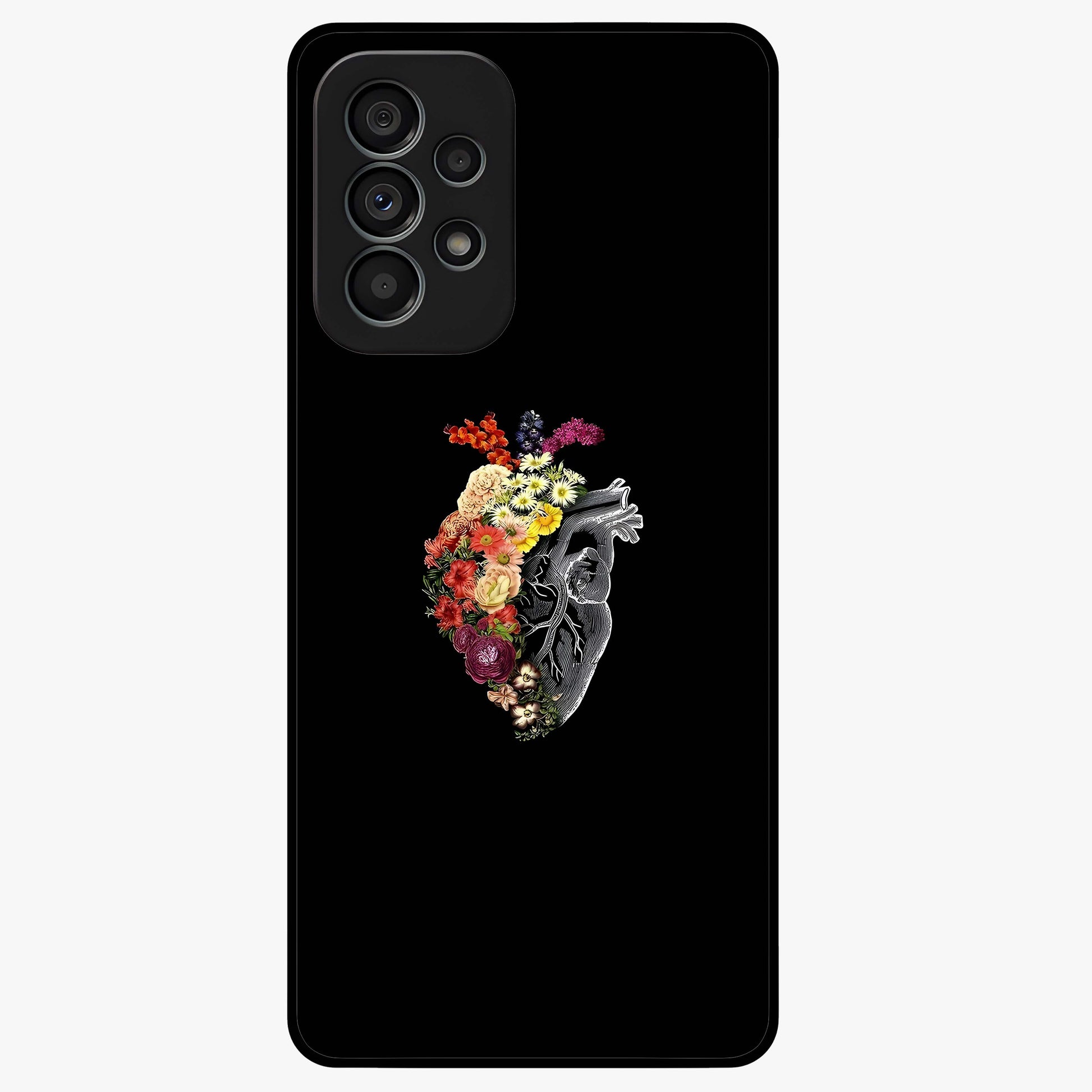 Heart With Flowers Glass Case showing flat back view with heart shaped floral artwork and glossy glass finish.
