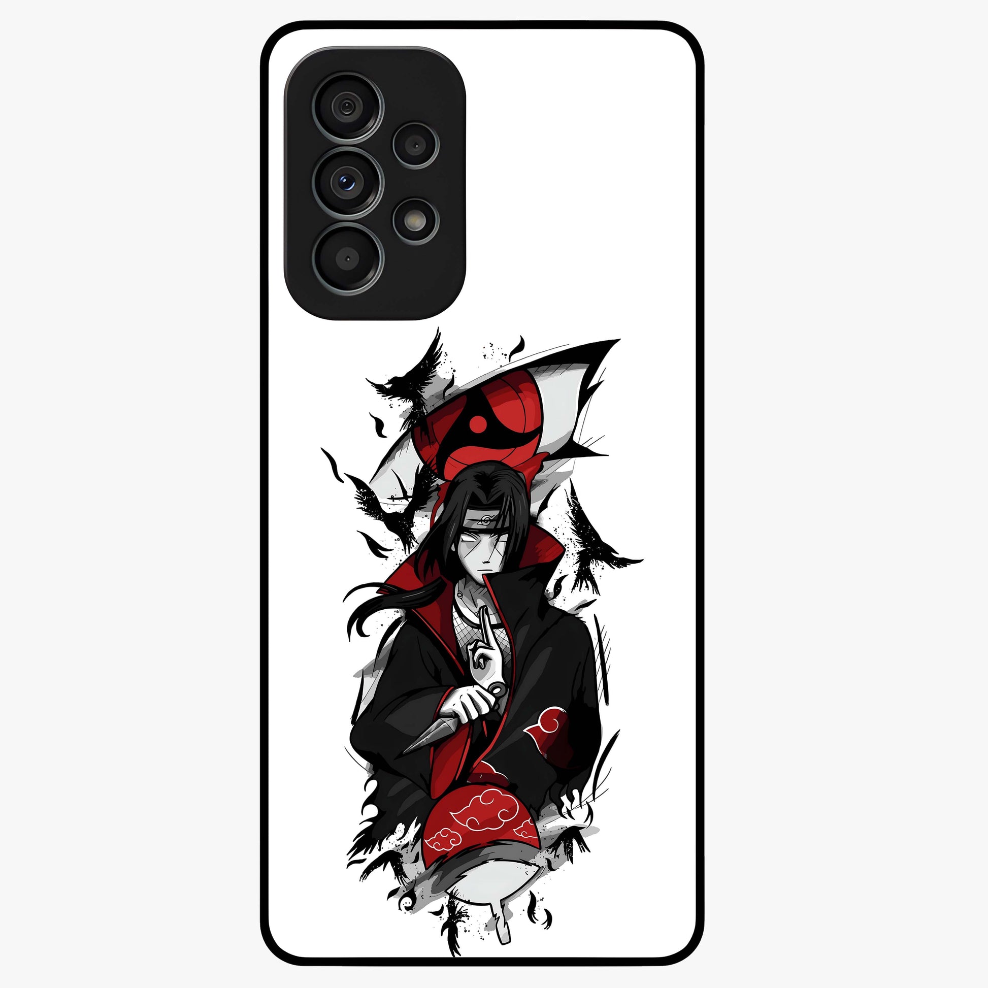 Itachi Sharingan Glass Case showing flat back view with powerful anime eye artwork and glossy glass finish.