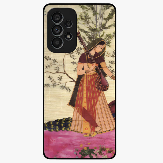Lady With Veena Art Glass Case showing flat back view with elegant woman playing veena artwork and glossy glass finish.