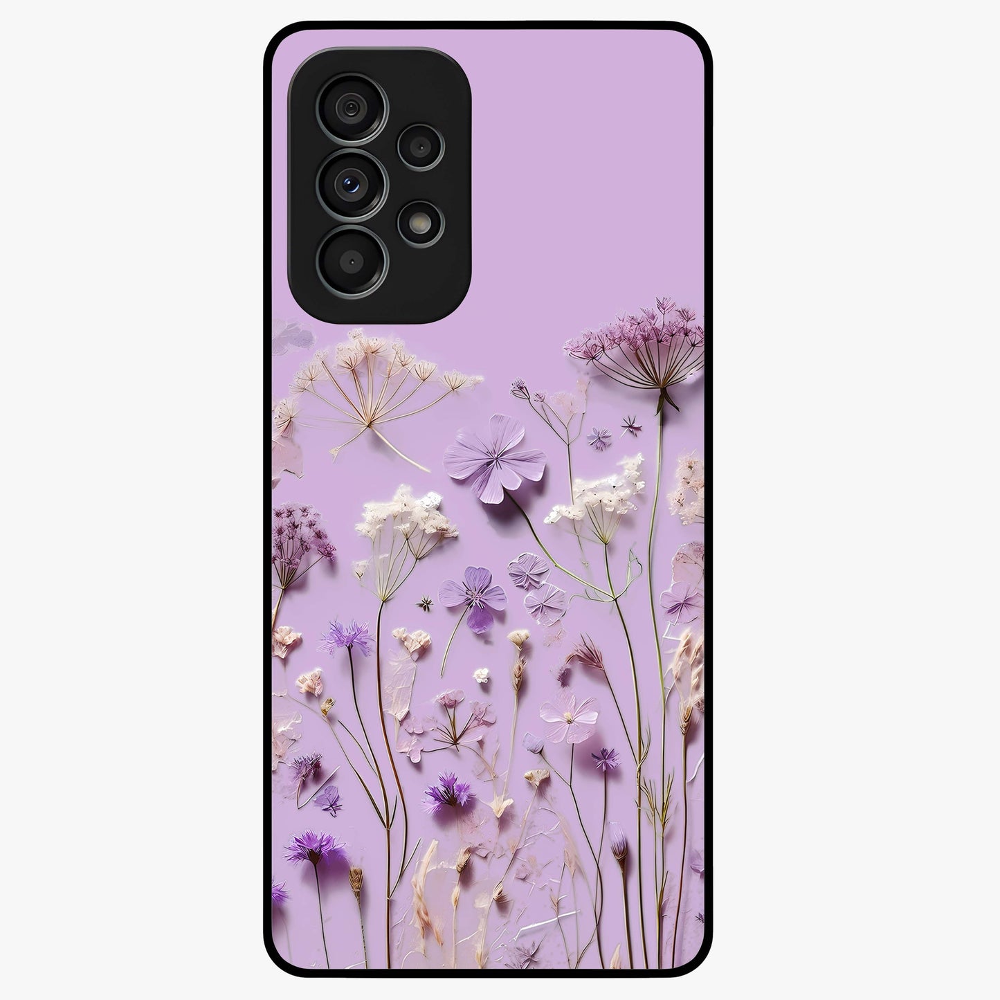 Lavender Blossom Dream Glass Case showing flat back view with soft lavender floral artwork and glossy glass finish.