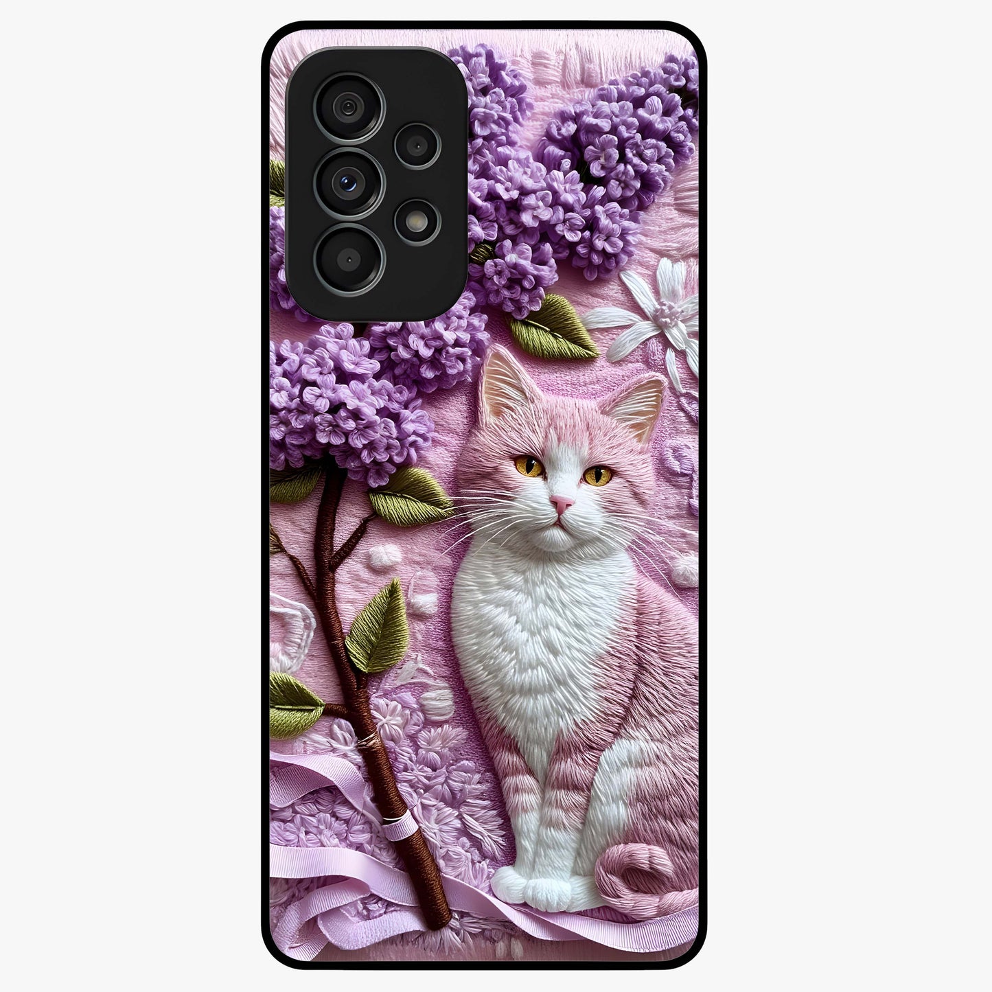 Lavender Cat Whimsy Glass Case showing flat back view with cute lavender cat artwork and glossy glass finish.