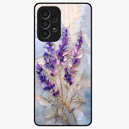 Lavender Dream Glow Glass Case showing flat back view with glowing lavender aesthetic artwork and glossy glass finish.