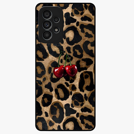 Leopard Wild Cherry Glass Case showing flat back view with leopard pattern and cherry artwork and glossy glass finish.