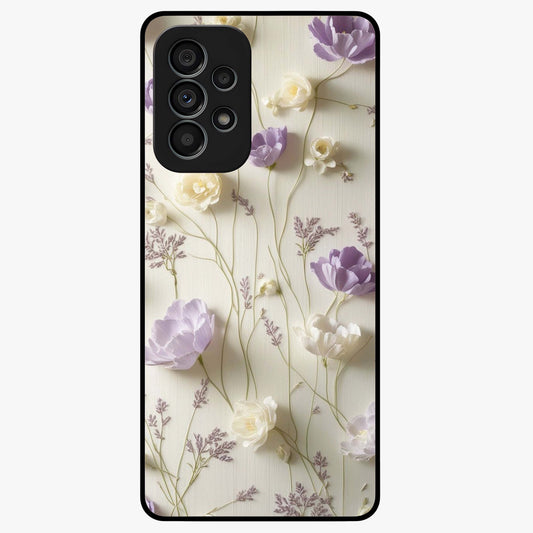 Lilac Breeze Harmony Glass Case showing flat back view with soft lilac themed artwork and glossy glass finish.