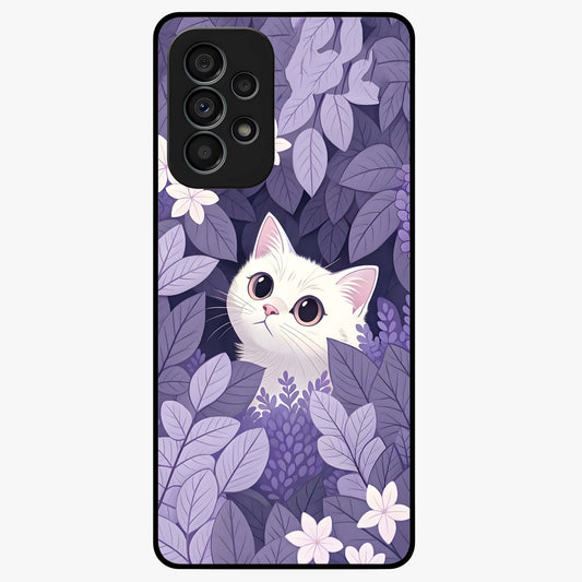 Lilac Hide Peek Cat Glass Case showing flat back view with cute peeking cat artwork and glossy glass finish.