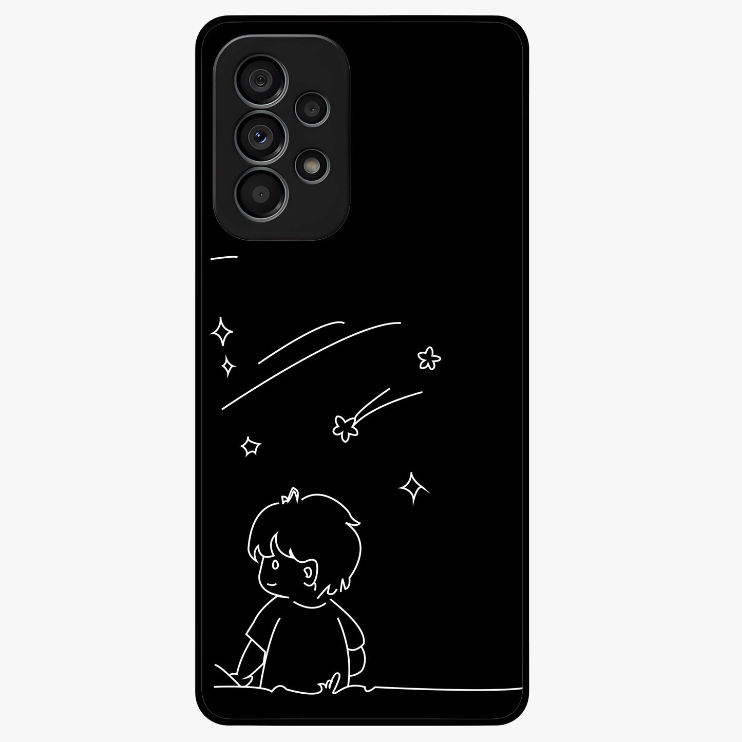 Line Art Boy With Shooting Stars Glass Case showing flat back view with minimal line art boy and shooting stars illustration and glossy glass finish.