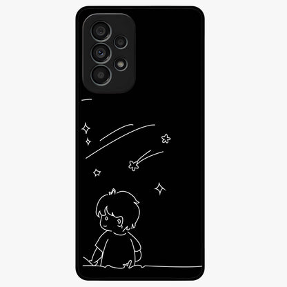 Line Art Boy With Shooting Stars Glass Case showing flat back view with minimal line art boy and shooting stars illustration and glossy glass finish.