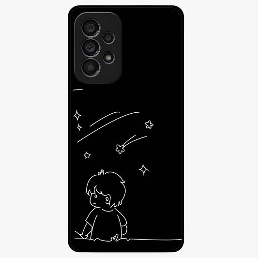 Line Art Boy With Shooting Stars Glass Case showing flat back view with minimal line art boy and shooting stars illustration and glossy glass finish.
