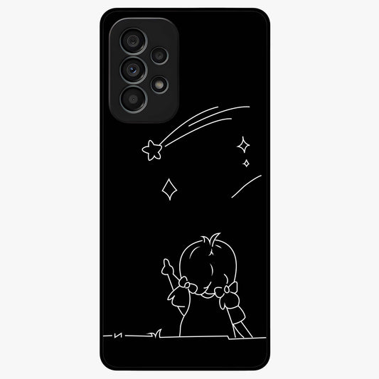 Line Art Girl With Shooting Stars Glass Case showing flat back view with minimal line art girl and shooting stars illustration and glossy glass finish.