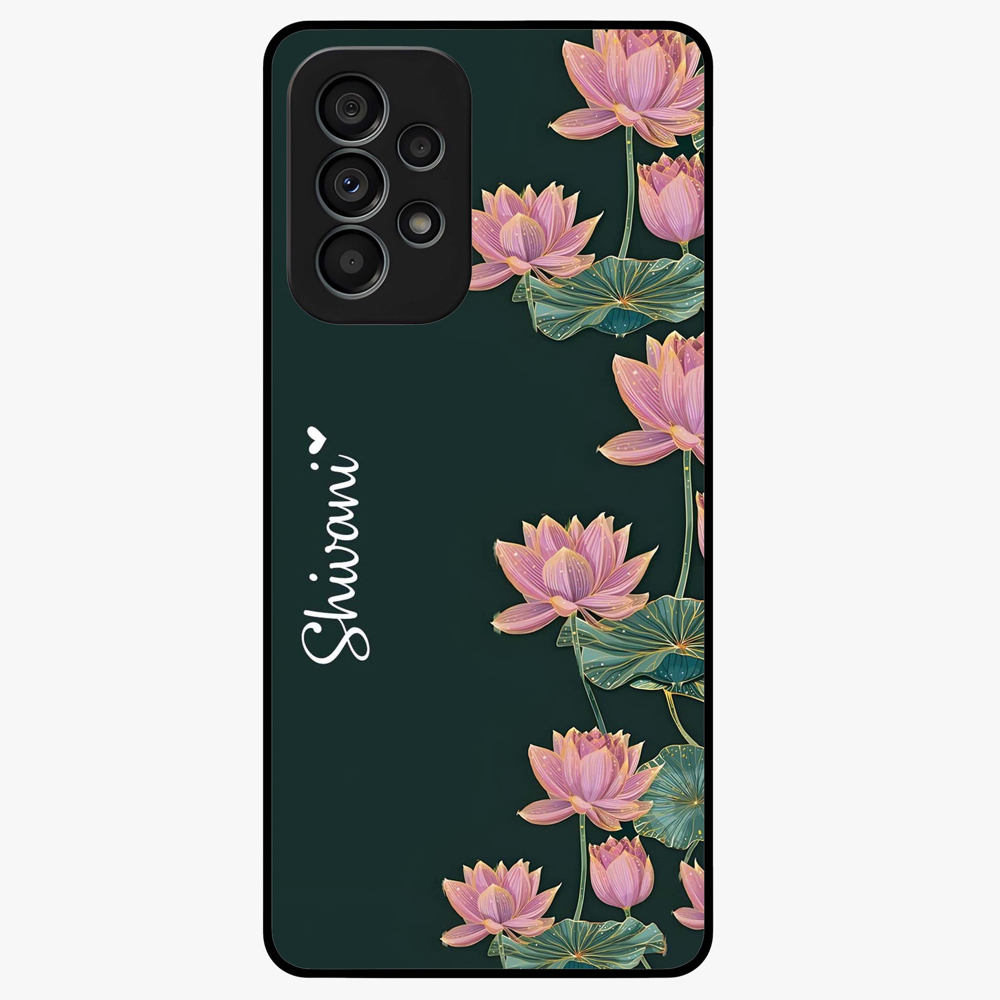 Lotus Bloom Serenity Custom Name Glass Case showing flat back view with elegant lotus flower artwork and personalized name design.