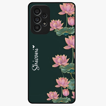 Lotus Bloom Serenity Custom Name Glass Case showing flat back view with elegant lotus flower artwork and personalized name design.
