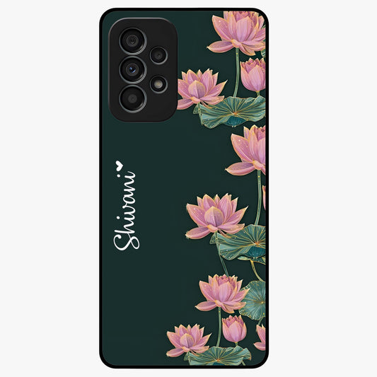 Lotus Bloom Serenity Custom Name Glass Case showing flat back view with elegant lotus flower artwork and personalized name design.