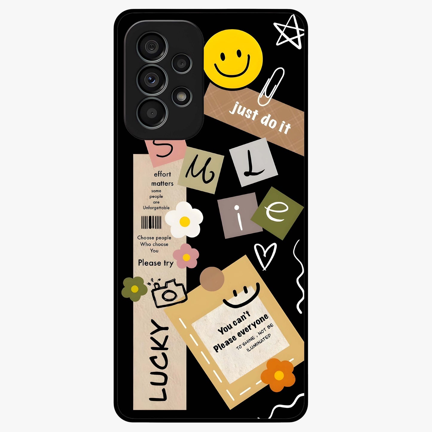 Lucky Aesthetic Collage Glass Case showing flat back view with trendy aesthetic collage artwork and glossy glass finish.