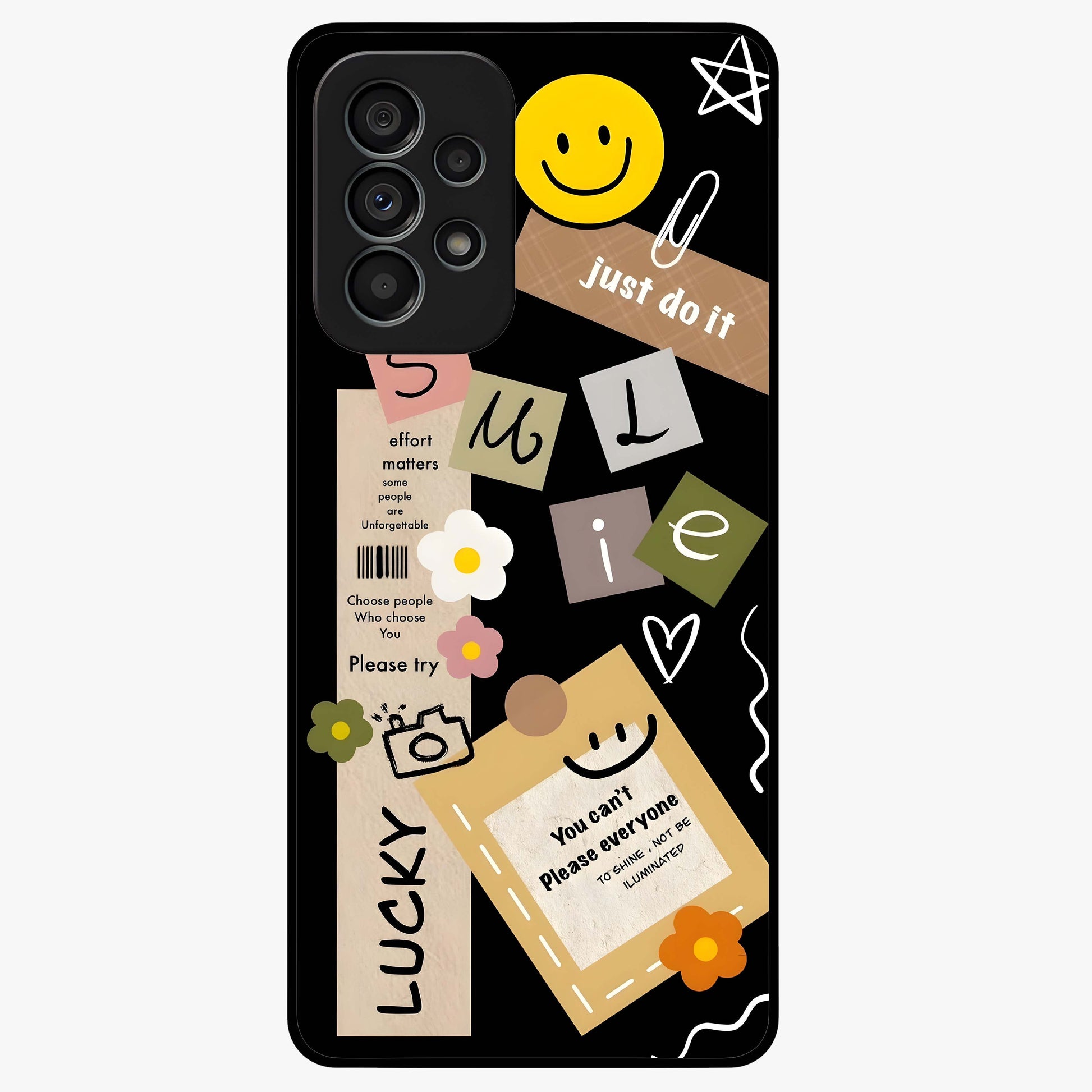 Lucky Aesthetic Collage Glass Case showing flat back view with trendy aesthetic collage artwork and glossy glass finish.