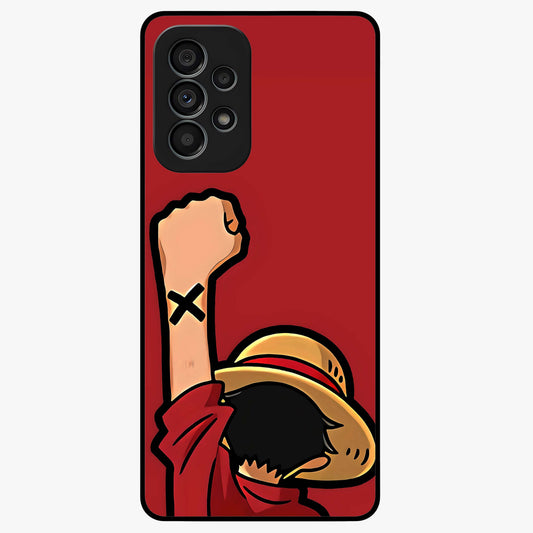 Luffy X Spirit Glass Case showing flat back view with bold anime character artwork and glossy glass finish.