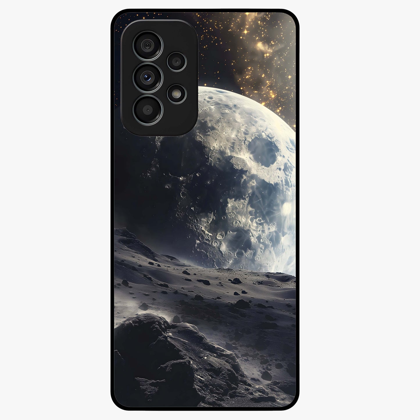 Lunar Horizon Glow Glass Case showing flat back view with glowing moon horizon artwork and glossy glass finish.