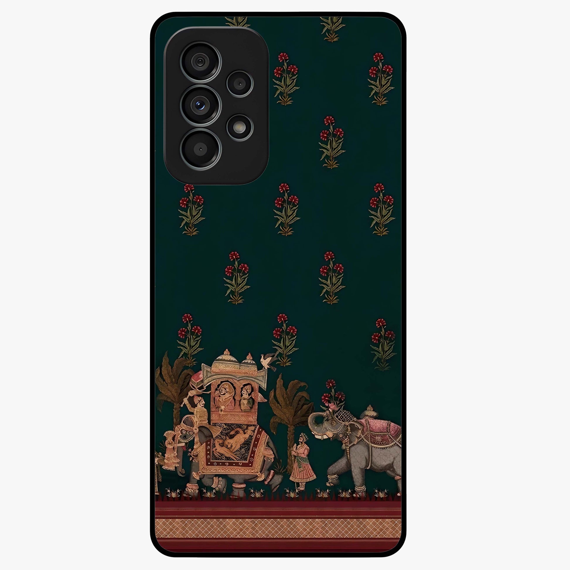 Macmerise Glass Case showing flat back view with stylish modern artwork and glossy glass finish.