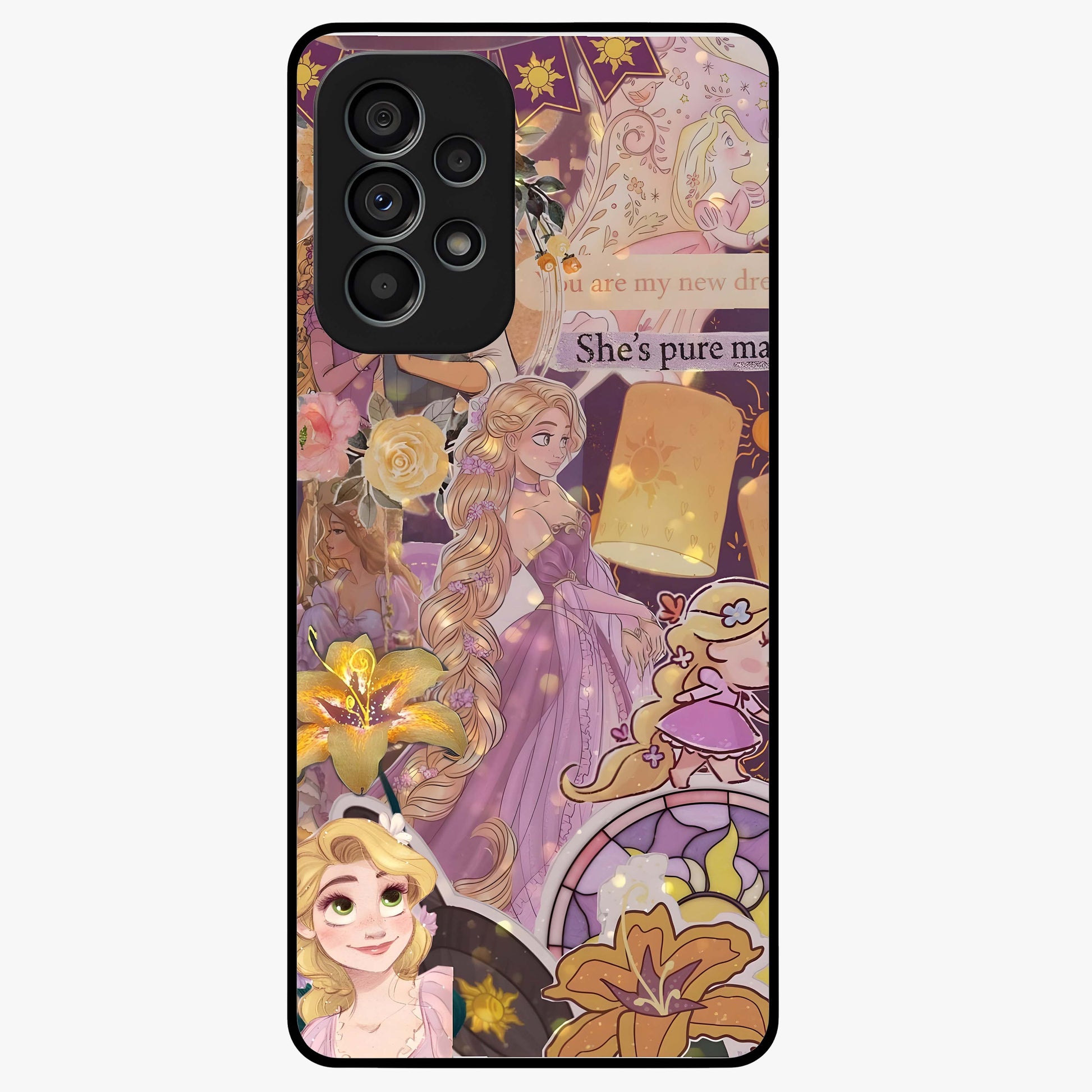 Magical Tangled Dream Glass Case showing flat back view with dreamy tangled artwork and glossy glass finish.