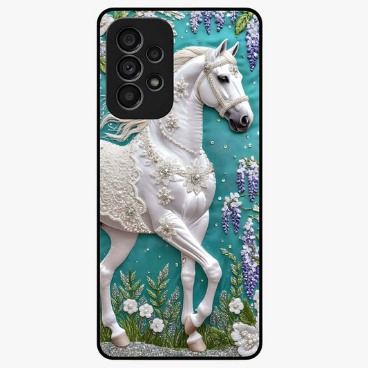 Majestic Floral Stallion Glass Case showing flat back view with powerful horse and floral artwork and glossy glass finish.