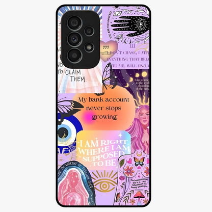 Manifestation Collage Glass Case showing flat back view with motivational collage artwork and glossy glass finish.