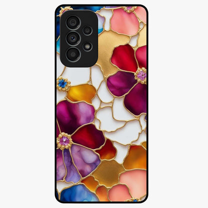 Marble Flower Pattern Glass Case showing flat back view with marble texture floral artwork and glossy glass finish.