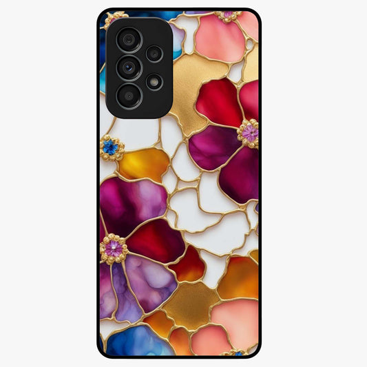 Marble Flower Pattern Glass Case showing flat back view with marble texture floral artwork and glossy glass finish.