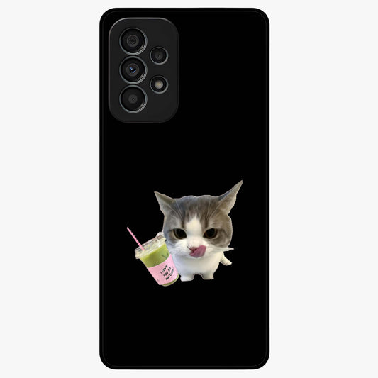 Matcha Cat Style Glass Case showing flat back view with cute matcha themed cat artwork and glossy glass finish.