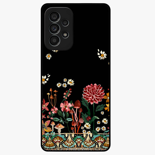 Midnight Bloom Pattern Glass Case showing flat back view with dark floral pattern artwork and glossy glass finish.