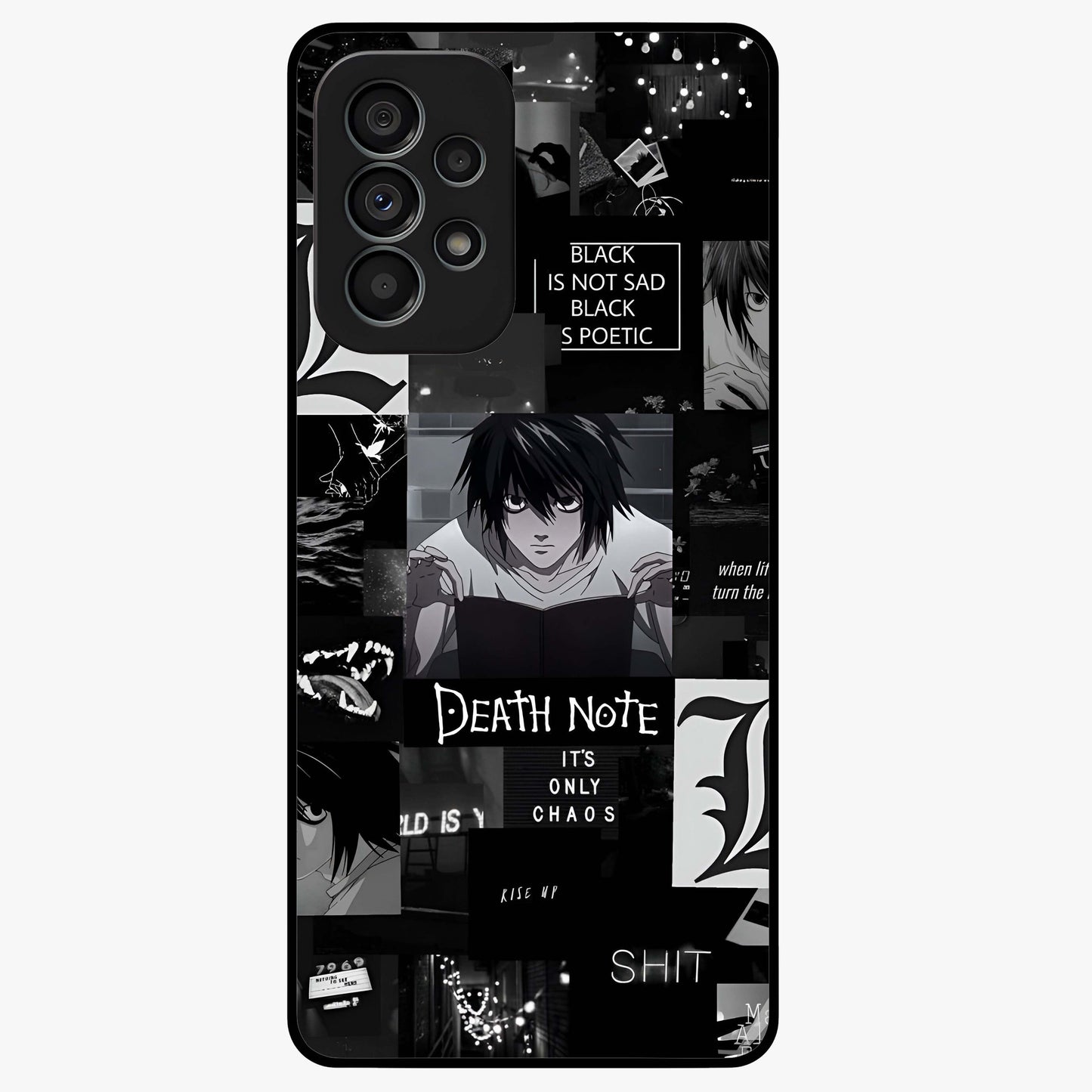 Midnight Chaos Mind Glass Case showing flat back view with abstract dark themed artwork and glossy glass finish.
