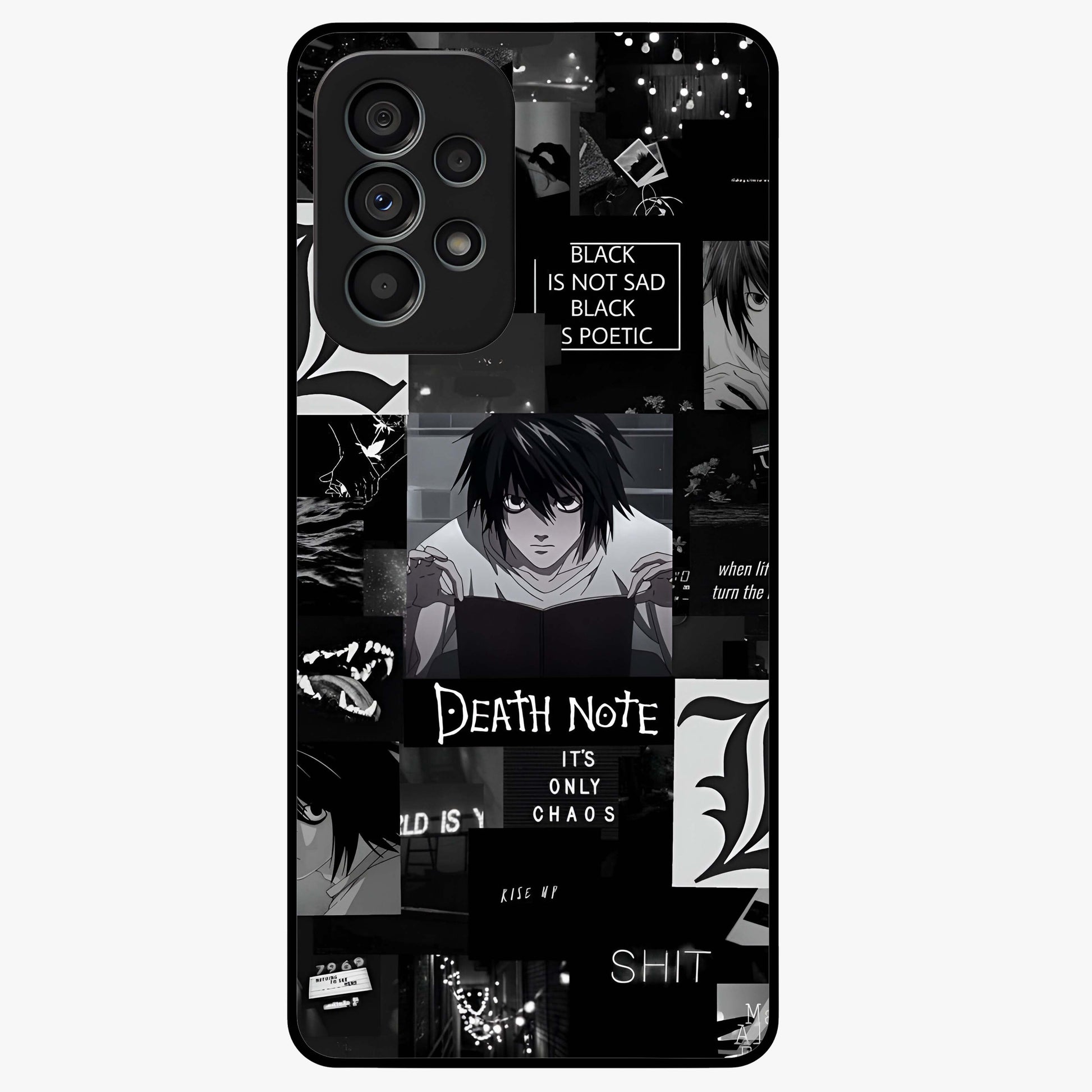 Midnight Chaos Mind Glass Case showing flat back view with abstract dark themed artwork and glossy glass finish.