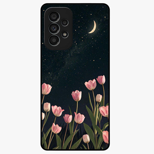 Midnight Tulip Whispers Vibe Glass Case showing flat back view with elegant tulip flower artwork and glossy glass finish.