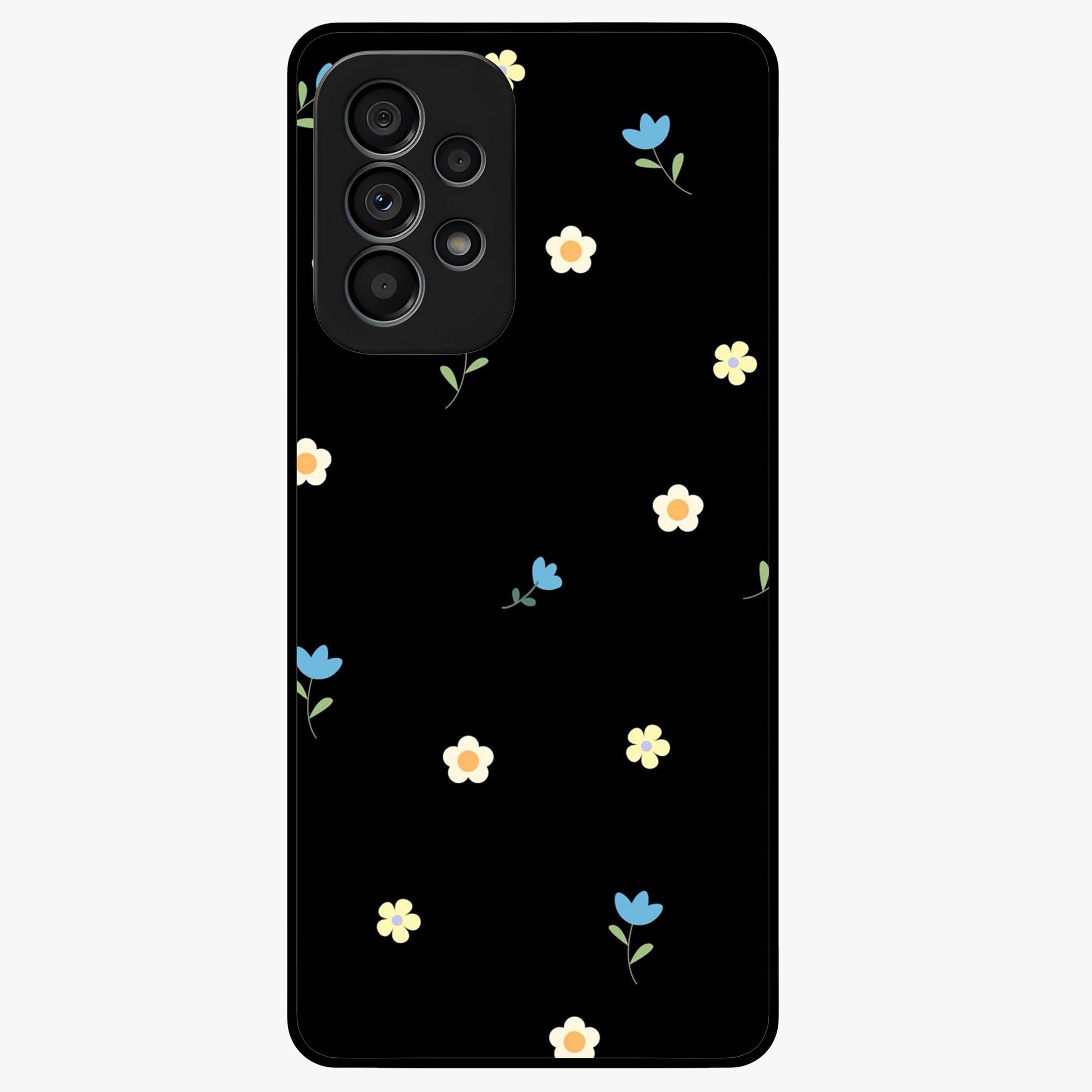 Minimalistic Blue With White Flower Pattern Glass Case showing flat back view with blue background and white flower pattern and glossy glass finish.