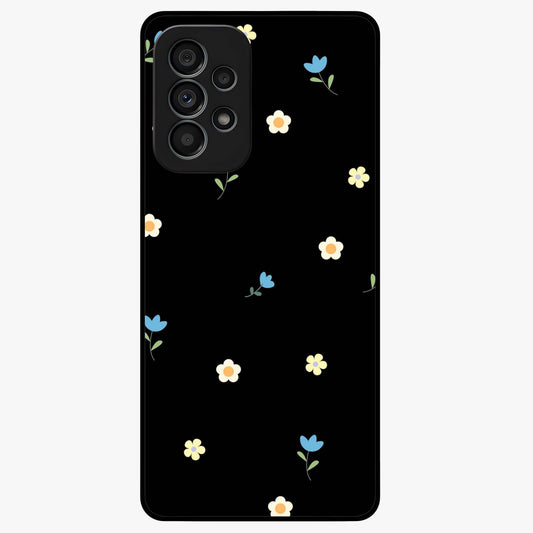 Minimalistic Blue With White Flower Pattern Glass Case showing flat back view with blue background and white flower pattern and glossy glass finish.