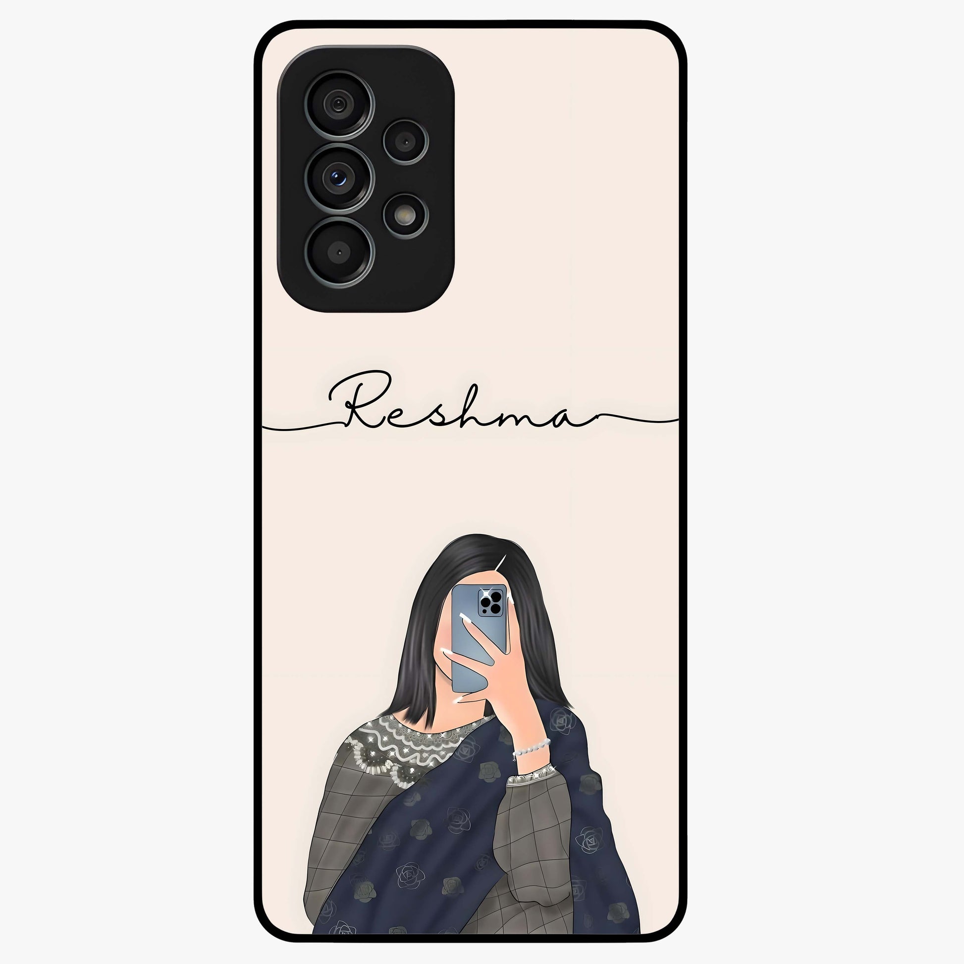 Mirror Mood Muse With Custom Name Glass Case showing flat back view with stylish mirrored artwork and personalized name design.