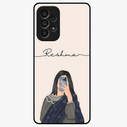 Mirror Mood Muse With Custom Name Glass Case showing flat back view with stylish mirrored artwork and personalized name design.