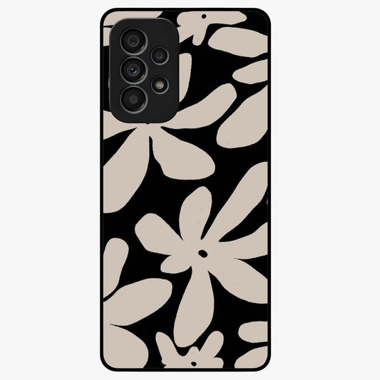 Monochrome Petal Dance Glass Case showing flat back view with monochrome floral artwork and glossy glass finish.