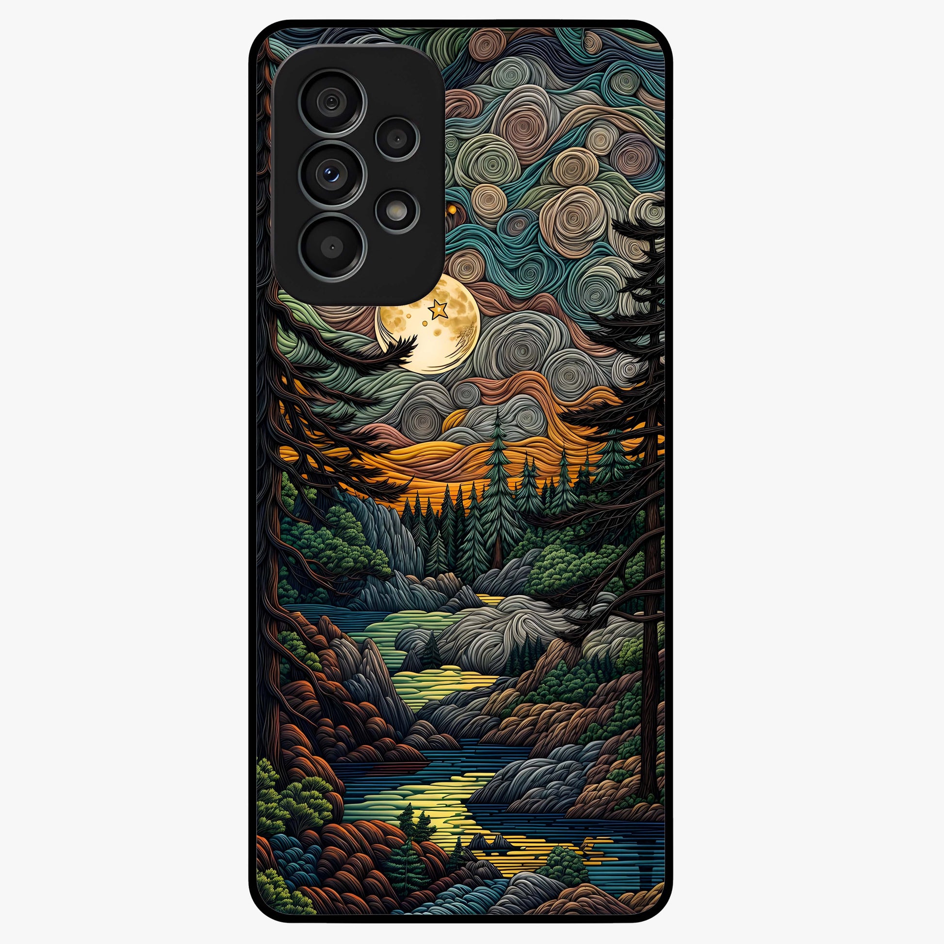 Moonlight Forest Dream Glass Case showing flat back view with mystical forest moonlight artwork and glossy glass finish.